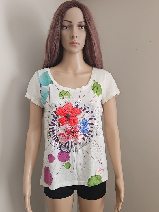 Desigual Tops - Desigual Floral Graphic Short Sleeve Tee T Shirt White Floral Patchwork